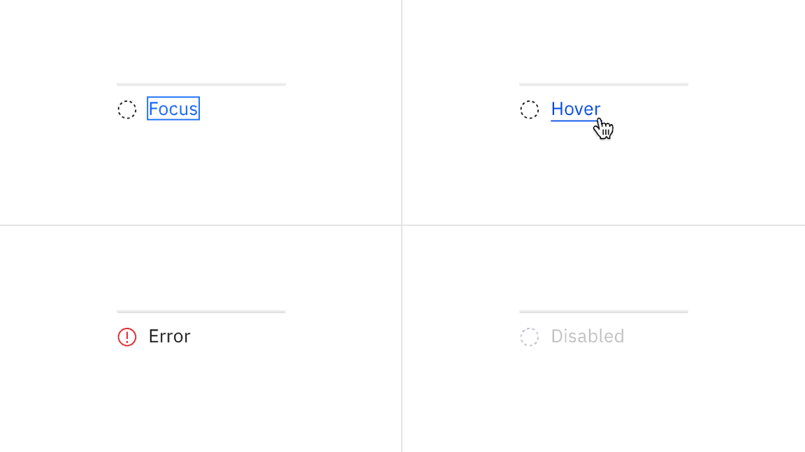 Examples of focus, hover, error, and disabled states for progress indicator